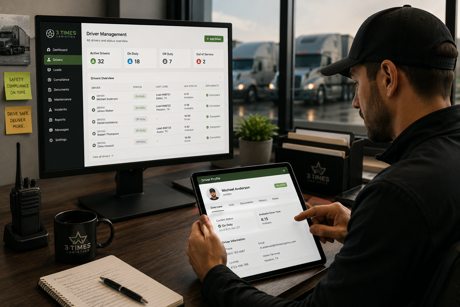 Fleet manager reviewing driver management dashboard on desktop and tablet
